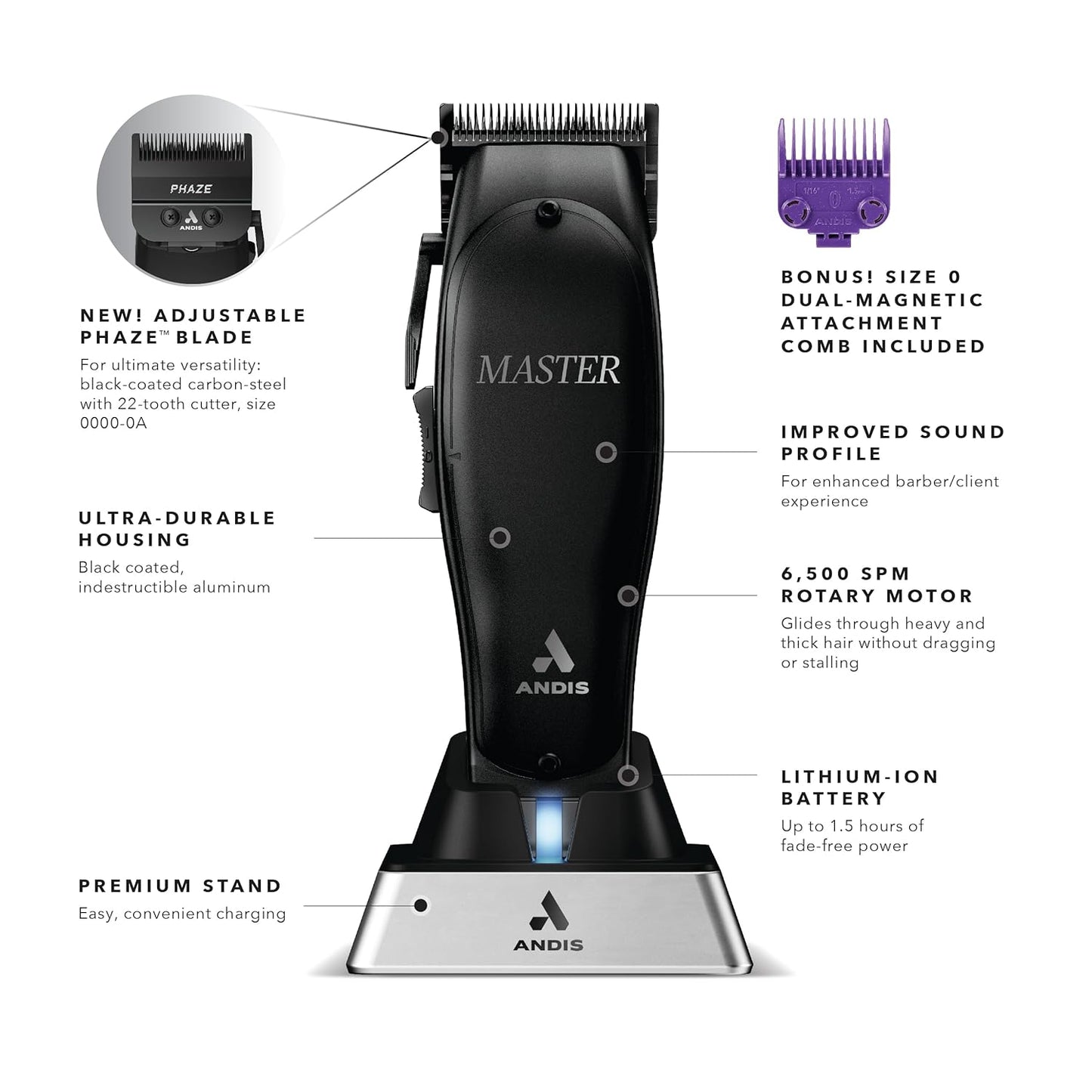 Andis Black Label MLC Professional Master Cordless Hair Trimmer, Adjustable Carbon Steel Blade Hair Clipper for Close Cutting, Black