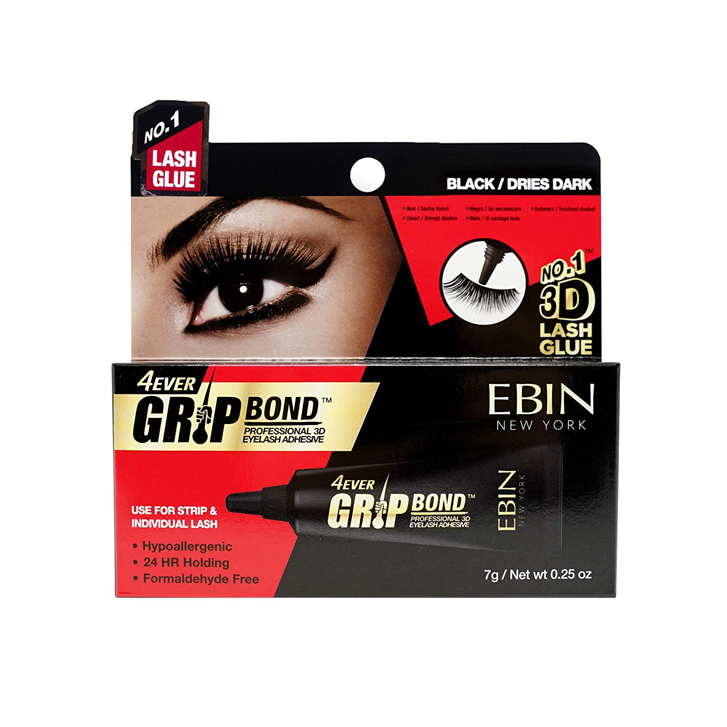 Ebin Grip Bond Latex Eyelash Adhesive Black/Dries Dark, Tube 0.25oz