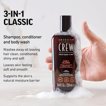 American Crew Shampoo, Conditioner & Body Wash for Men, 3-in-1, 8.4oz